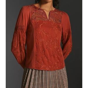 Tiny for Anthropologie Top Women’s XL Noah Orange Embroidered‎ Lace Long Sleeve